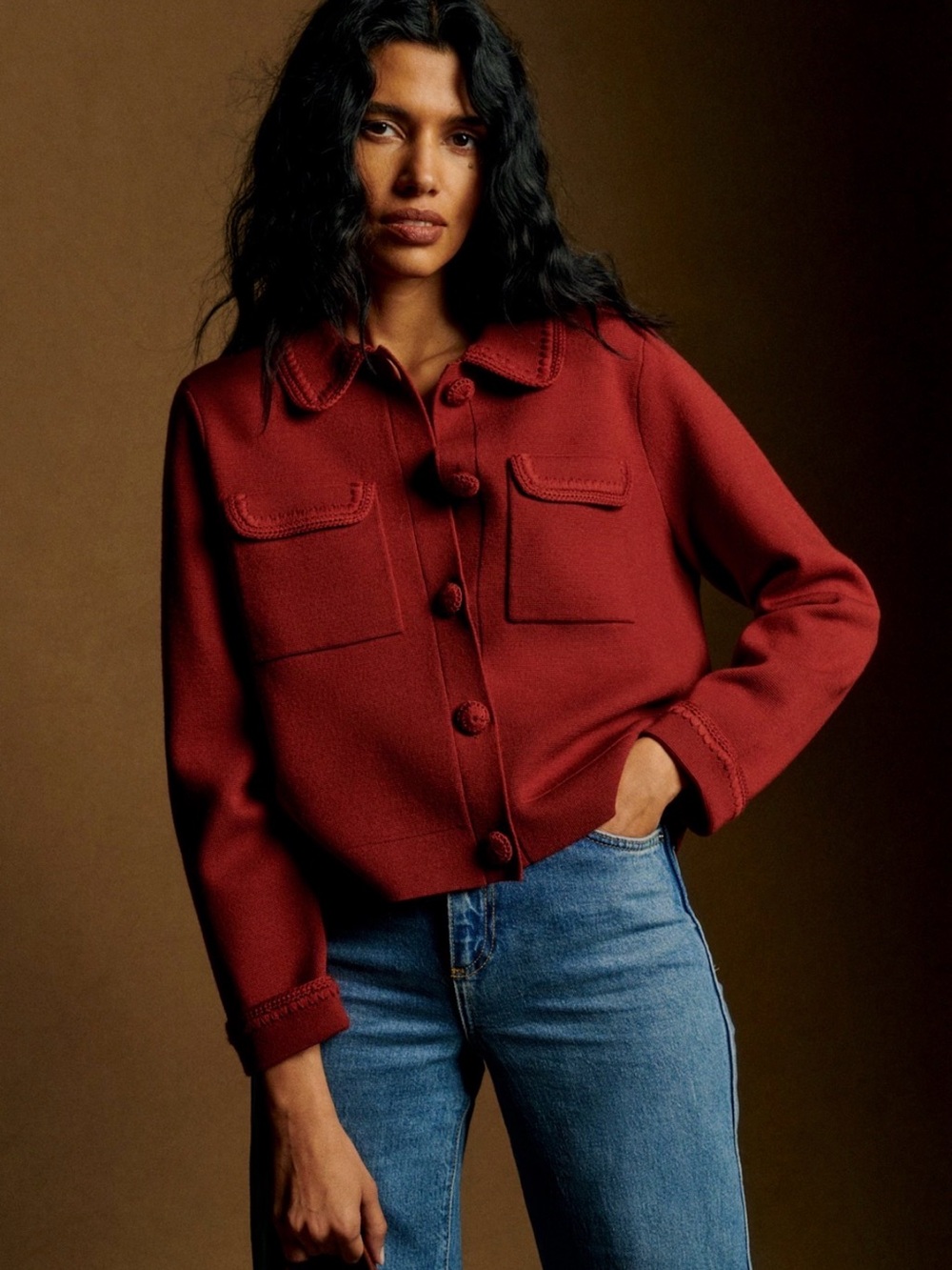 Sezane Terracotta Red Knit Cropped Betty Cardigan Jacket - Picture 2 of 8